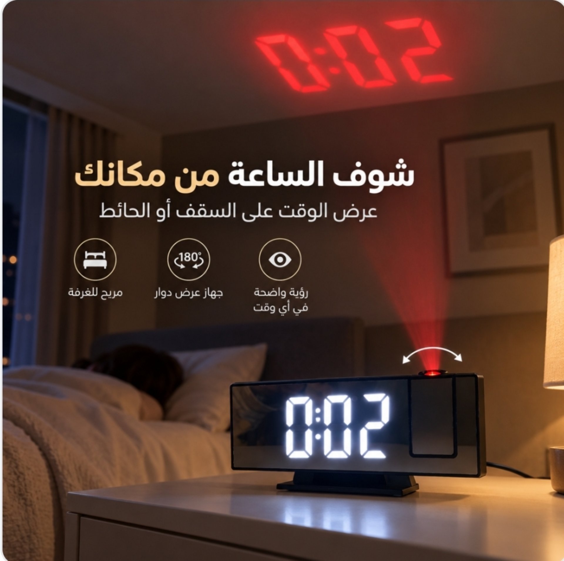 ساعة منبه رقمية LED بشاشة كبيرة وجهاز عرض دوّار