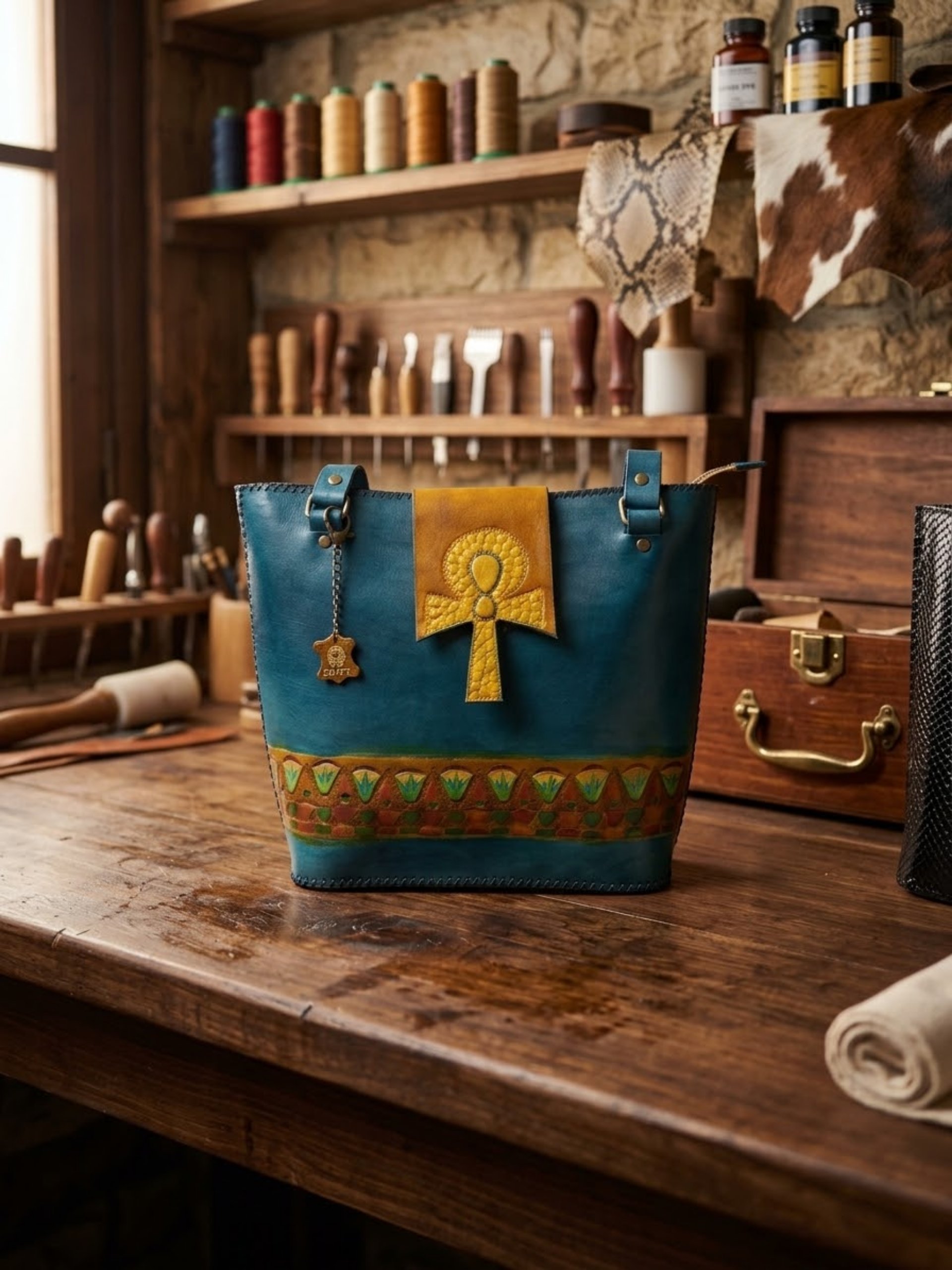 شنطة يد نسائية جلد طبيعي فاخرة - تصميم فرعوني يدوي الصنع - لون أزرق - ماركة Yoge leather